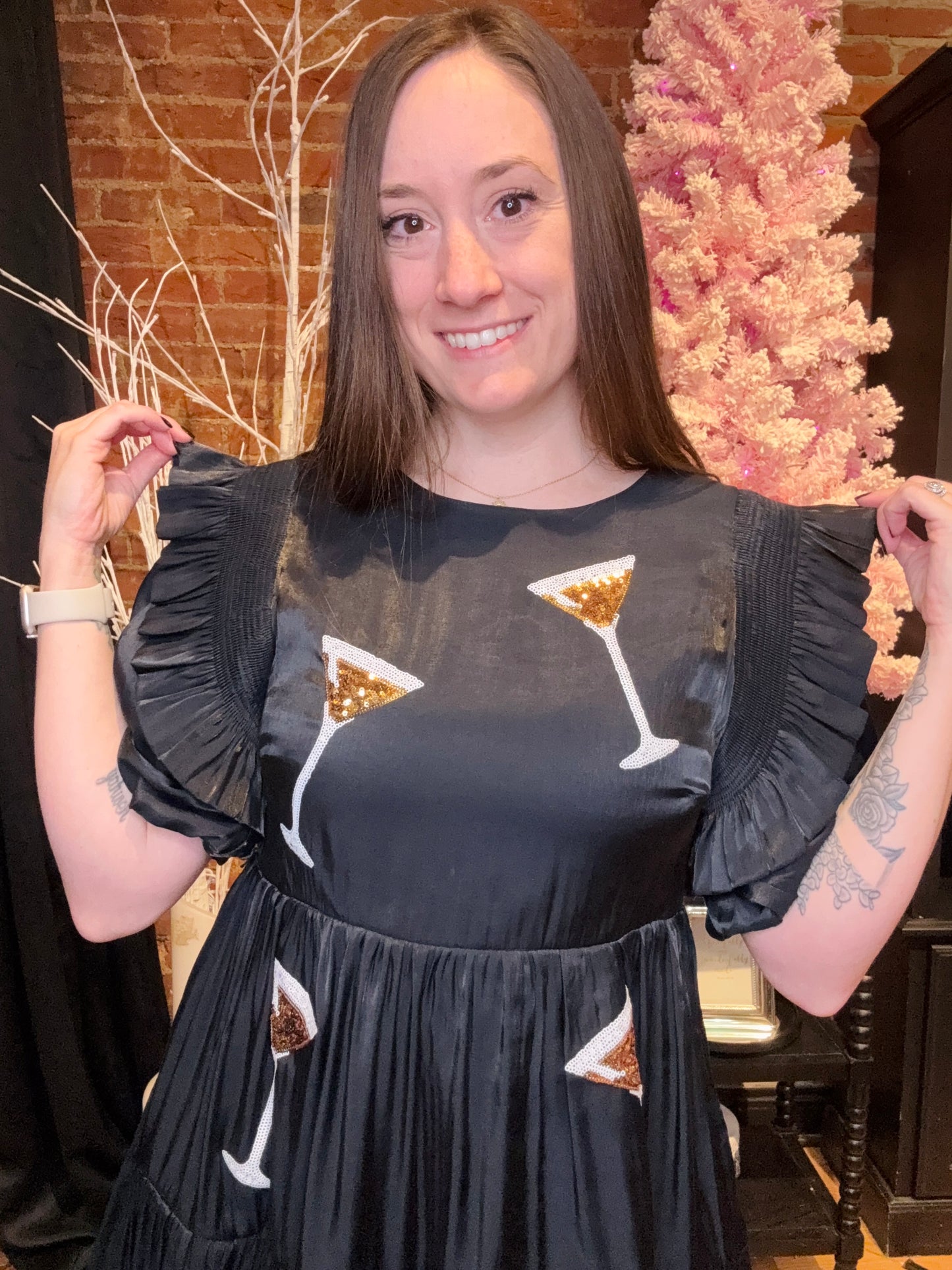 Black Mini Dress with Ruffled Puff Sleeves and Sequin Martini Glasses