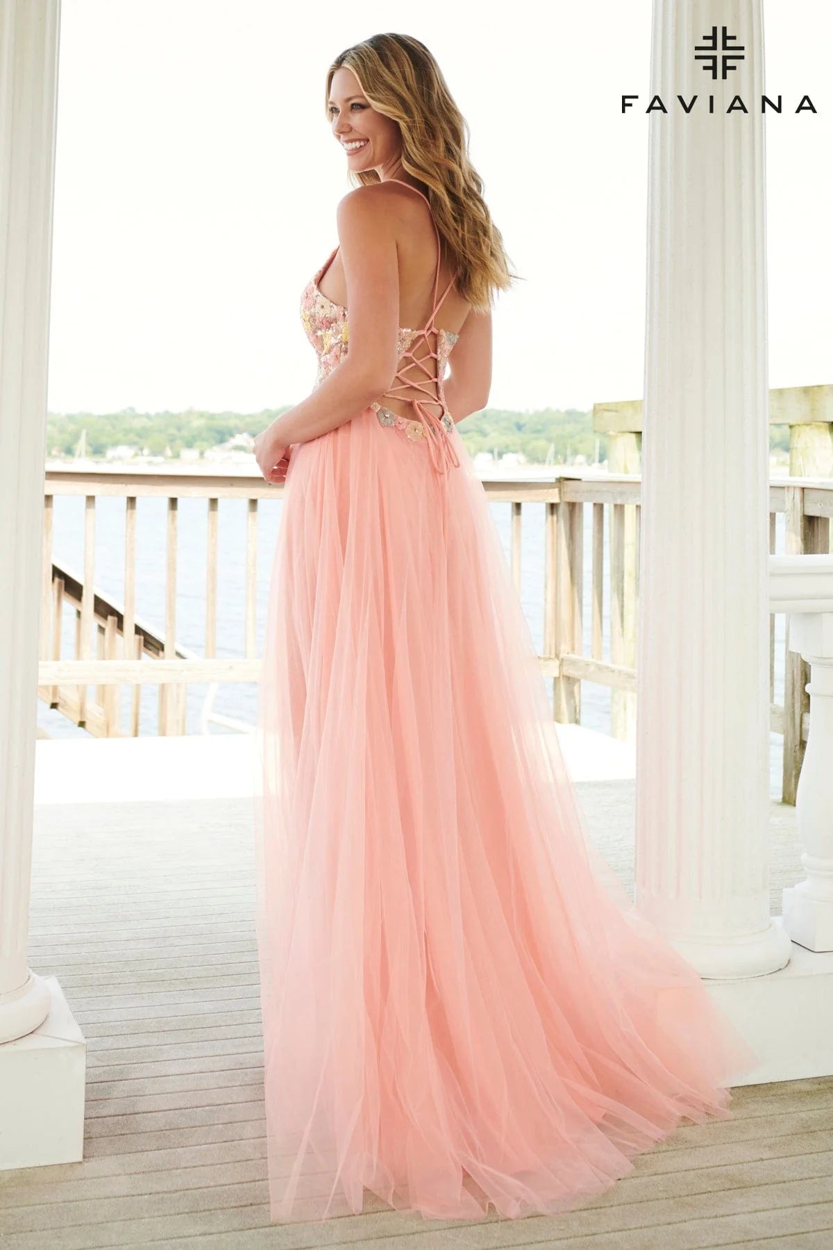 Pink V-Neck Floral Sequin Prom Dress With Flowy Tulle Skirt