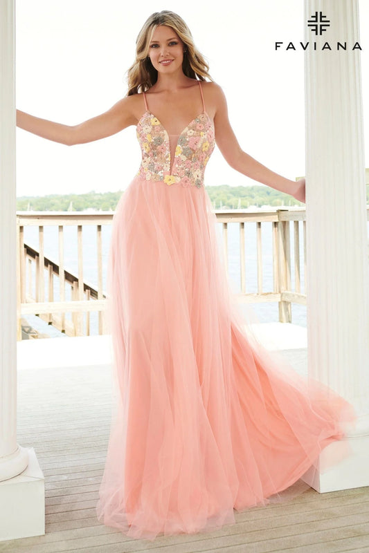 Pink V-Neck Floral Sequin Prom Dress With Flowy Tulle Skirt