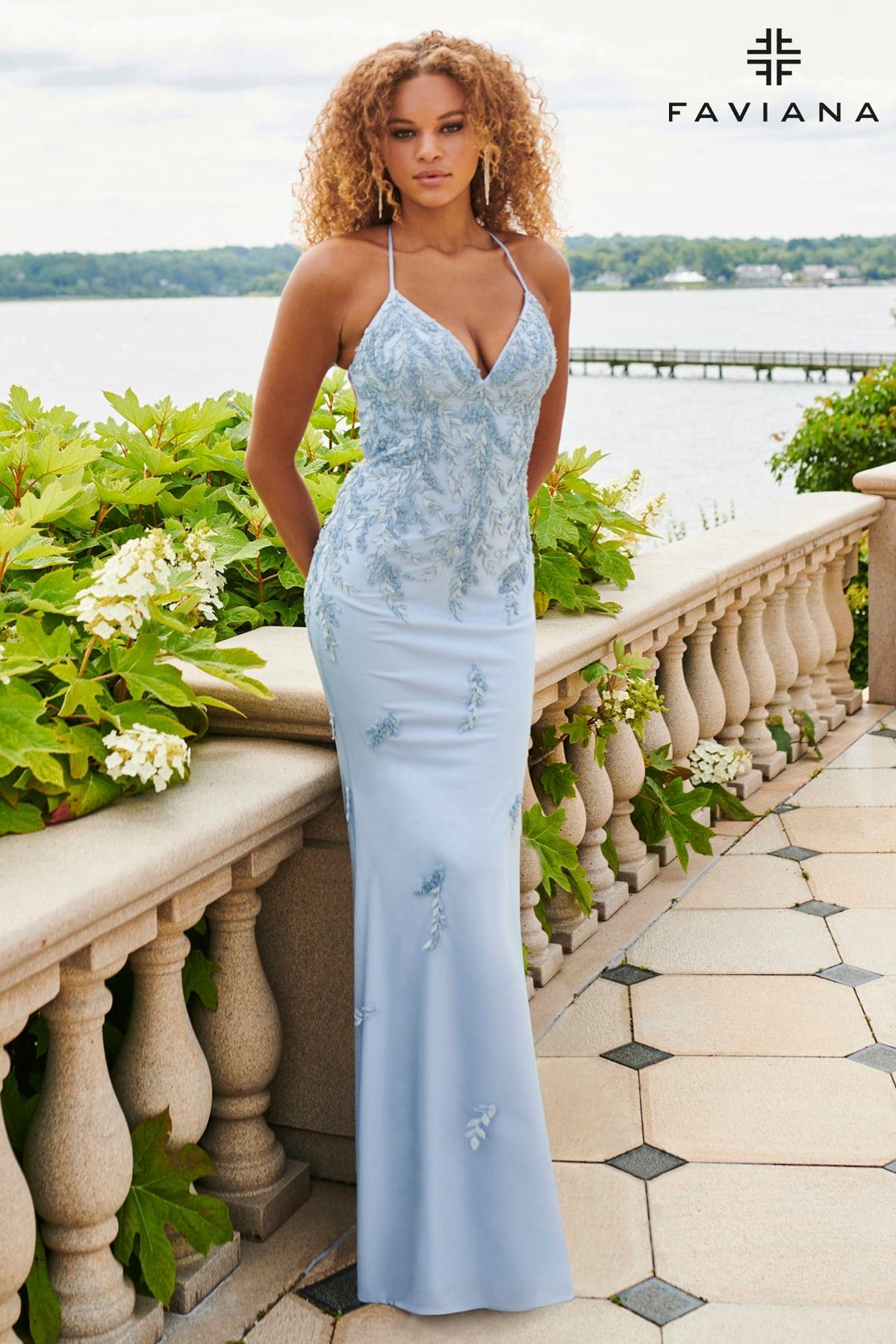 Steel Blue Lace And Beading V-Neck Long Dress With Lace Up Back