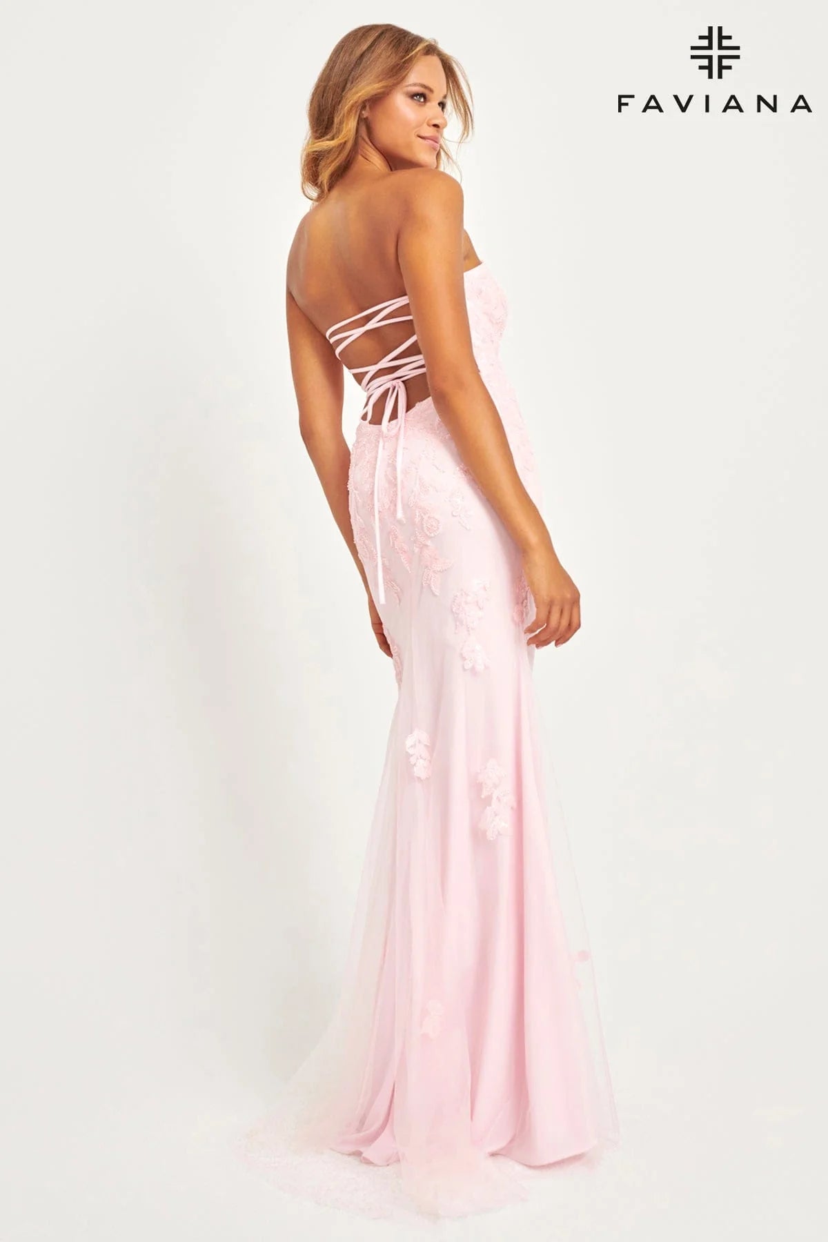 Strapless Light Pink Tulle And Lace Appliqué Dress For Prom