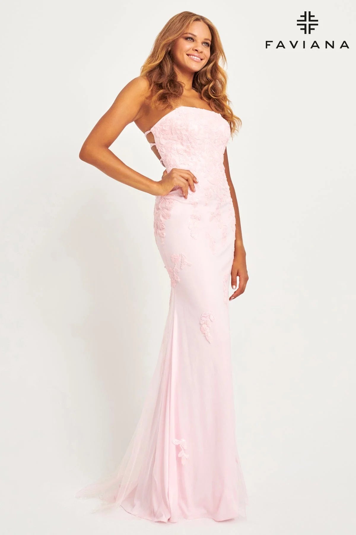  Strapless Light Pink Tulle And Lace Appliqué Dress For Prom