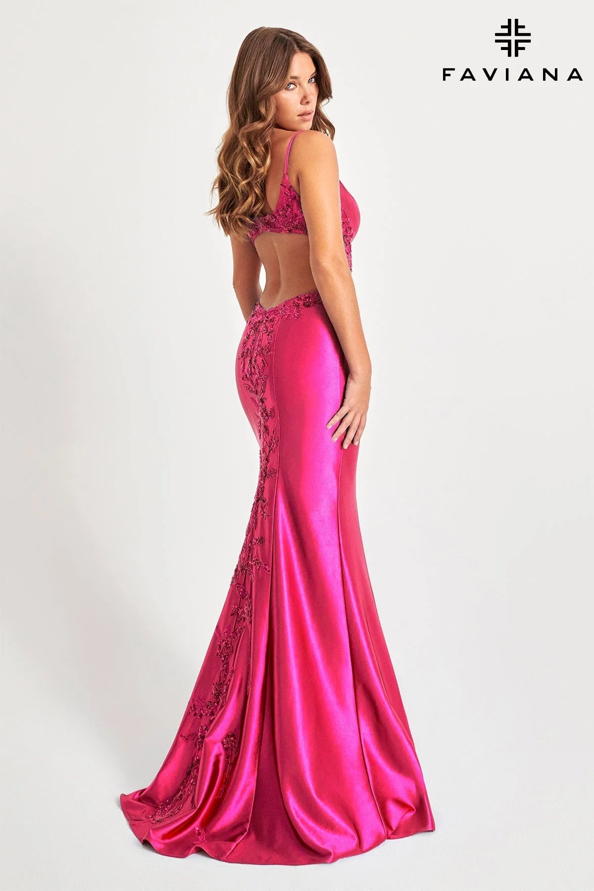 Raspberry Shiny Satin Long Dress With Open Back And Beaded Lace Embellishment