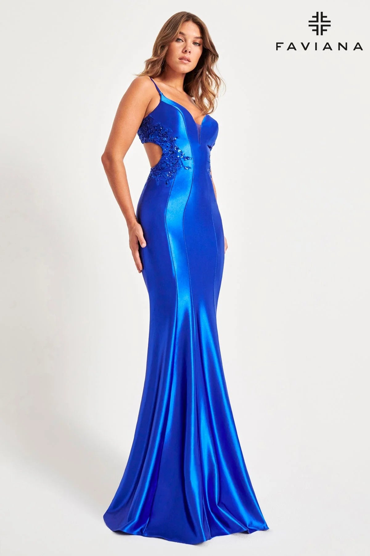 Royal Shiny Satin Long Dress With Open Back And Beaded Lace Embellishment