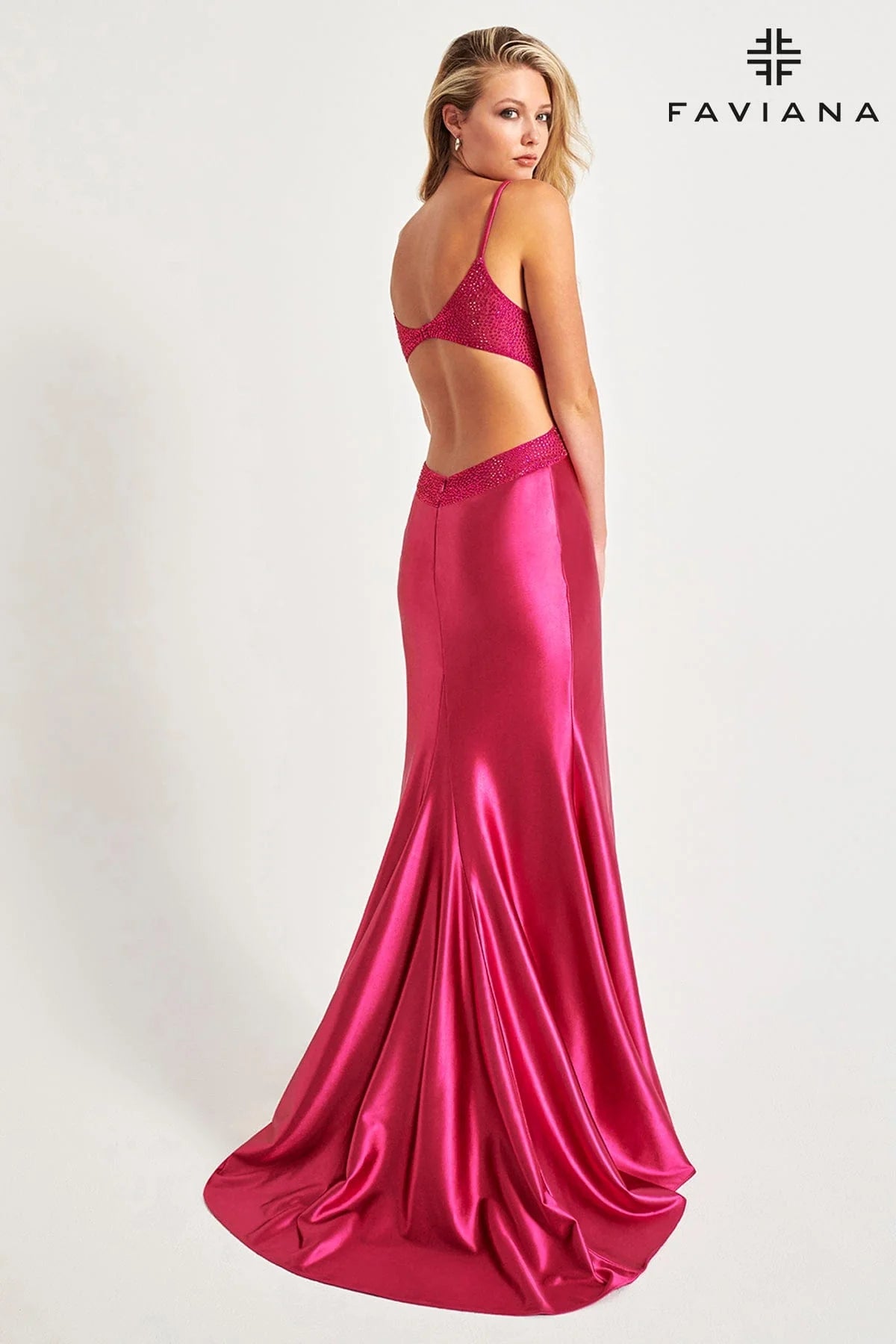 Raspberry Satin Long Dress with Open Back and Rhinestone Embellishment 