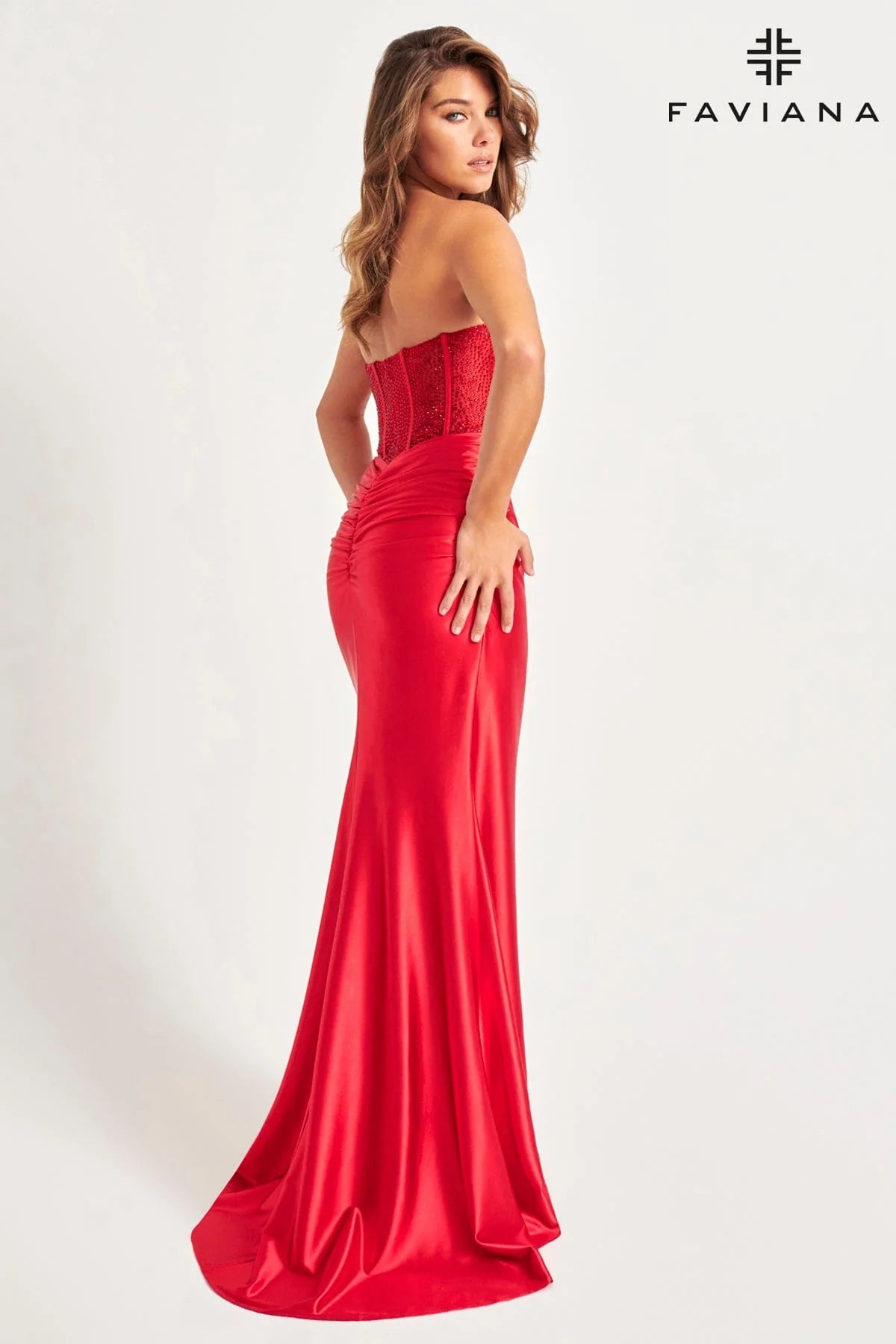 Red Satin Faviana Prom Gown with Sweetheart Neckline and Leg Slit