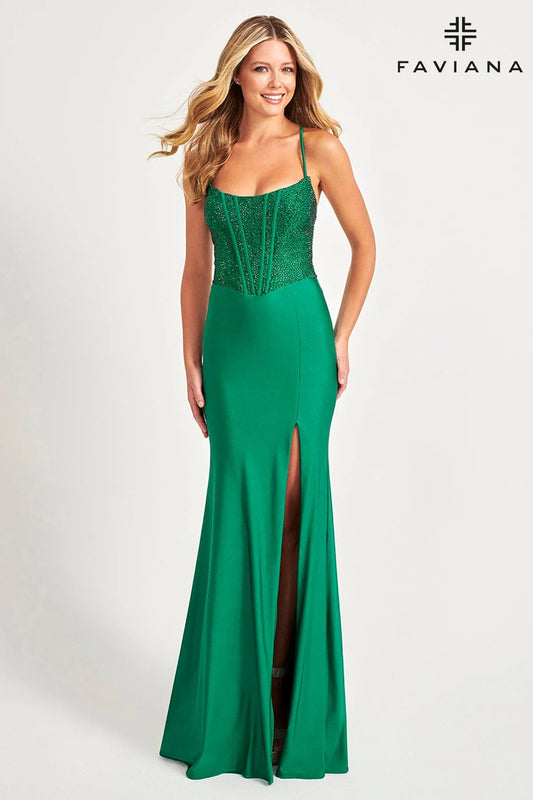 Dark Emerald Hotfix Rhinestone Corset Dress For Prom | 11011