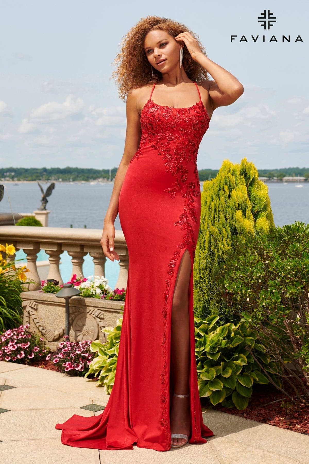 Ruby Scoop Neck Gown With Sequin Applique And Lace-Up Back 11017