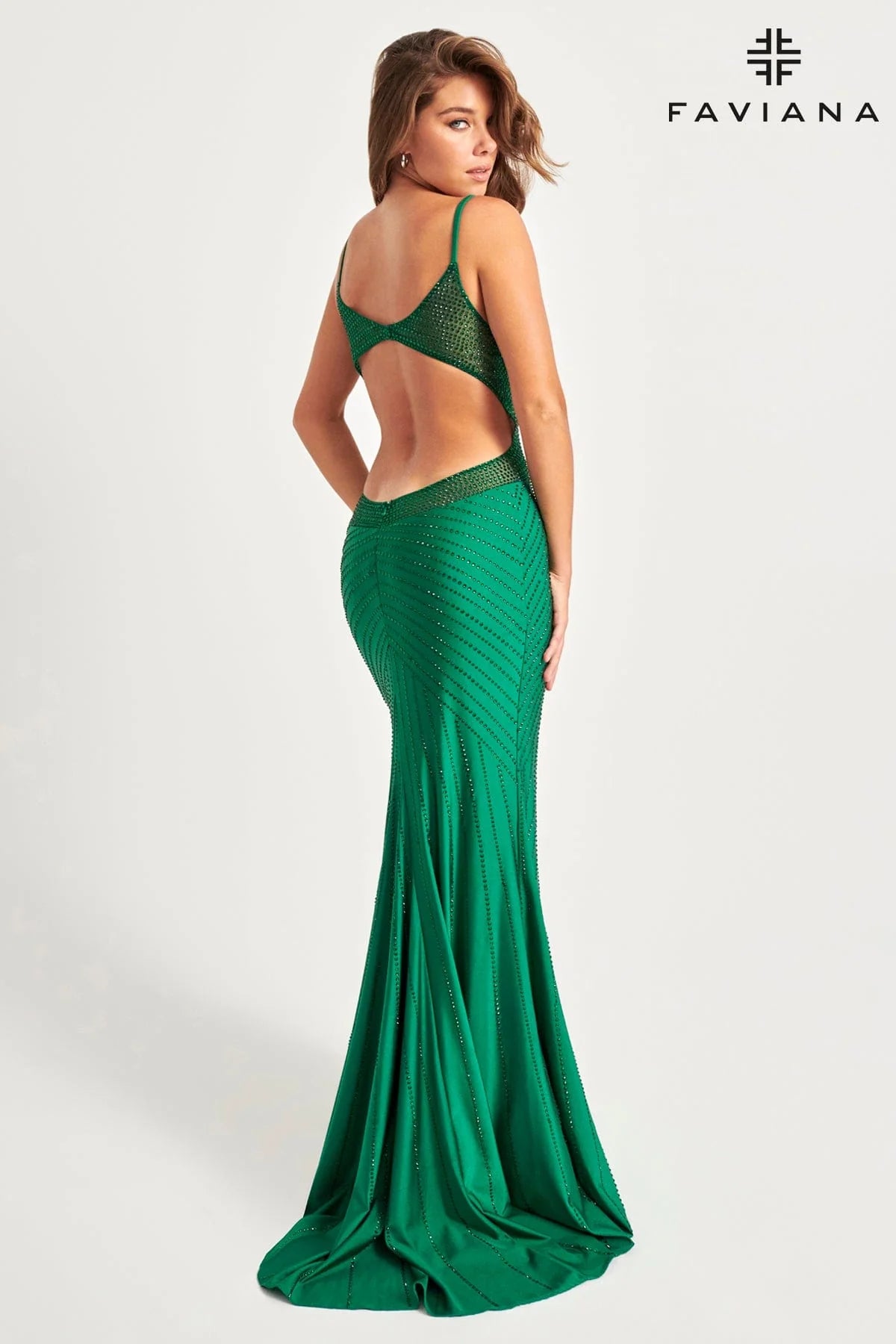 Dark Emerald Open Back Long Rhinestone Prom Dress With Flattering Linear Design | 11022