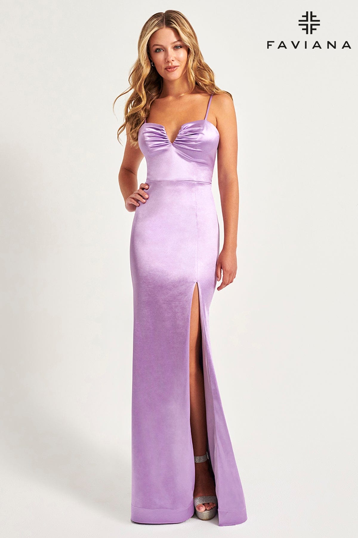 Long Lilac Satin Prom Dress with V Neckline and Slit in Leg