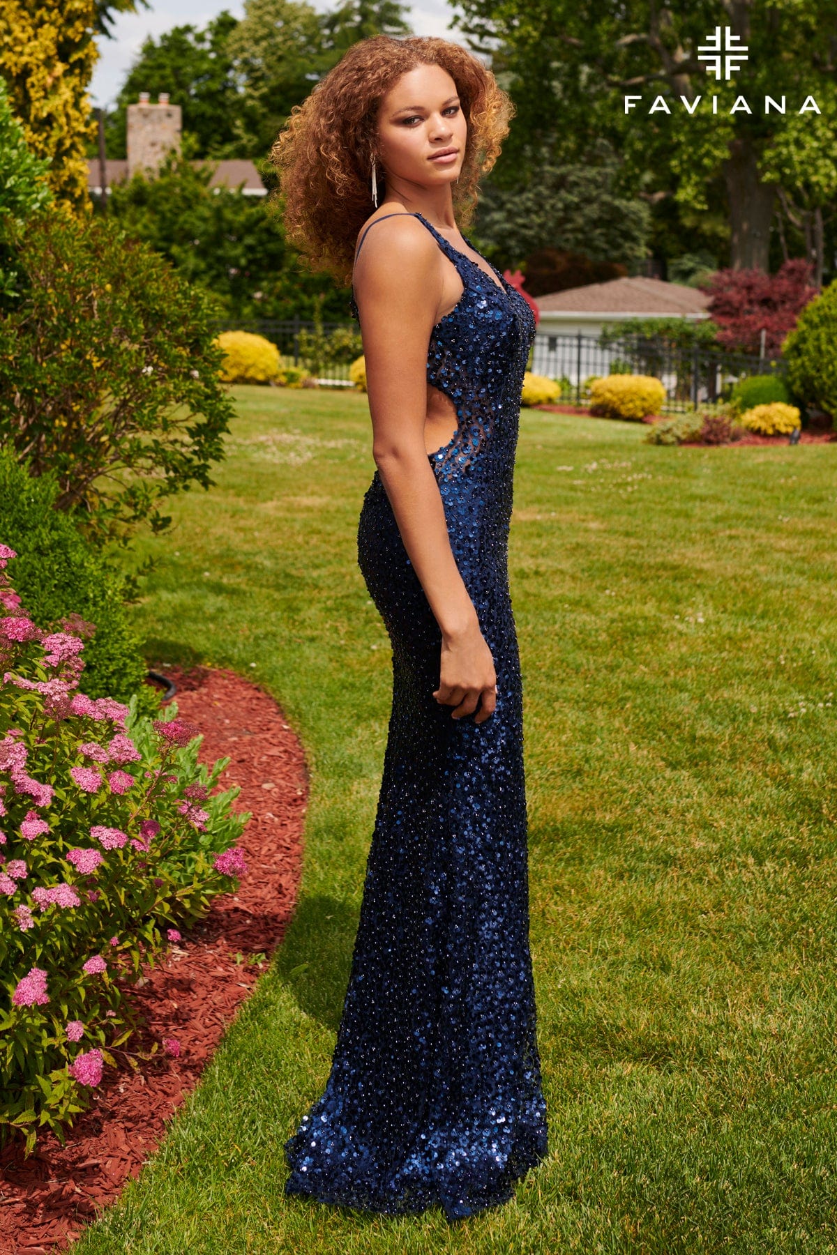 Navy Flower Sequin Open Back Long Dress with Deep V Neckline 