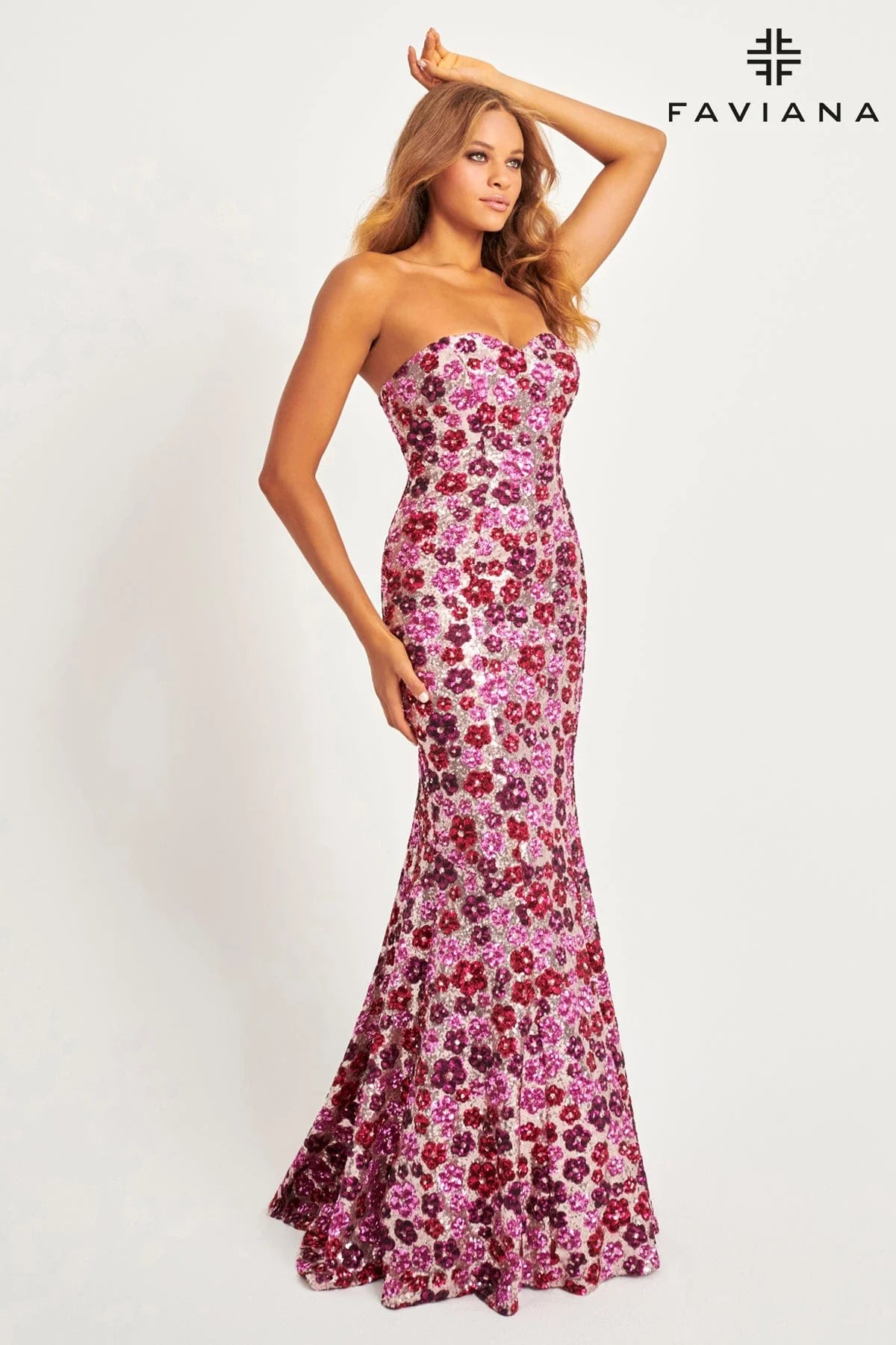 Pink/Silver Strapless Sequin Mermaid Dress With Colorful Floral Design | 11036