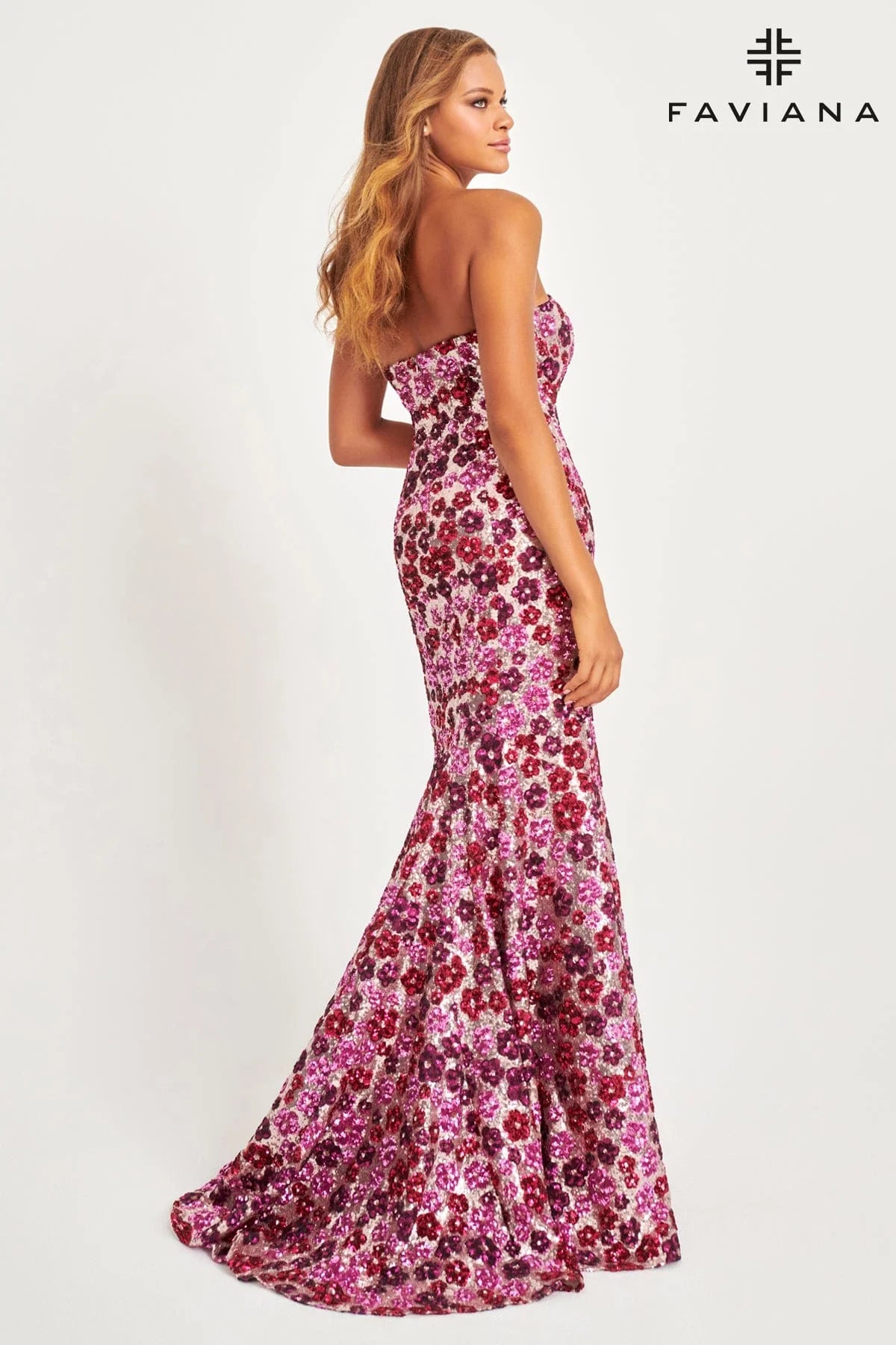 Pink/Silver Strapless Sequin Mermaid Dress With Colorful Floral Design | 11036