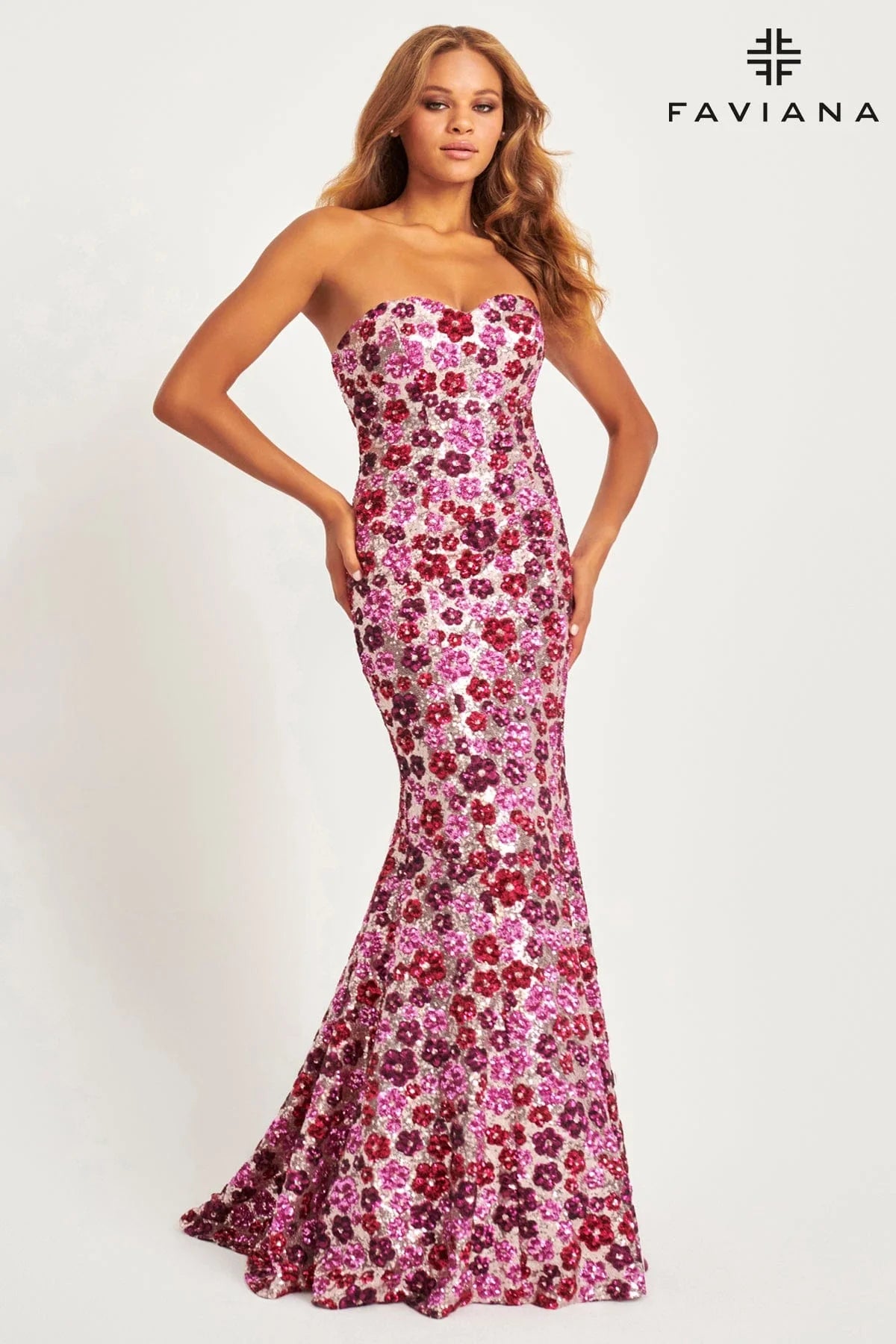 Pink/Silver Strapless Sequin Mermaid Dress With Colorful Floral Design | 11036