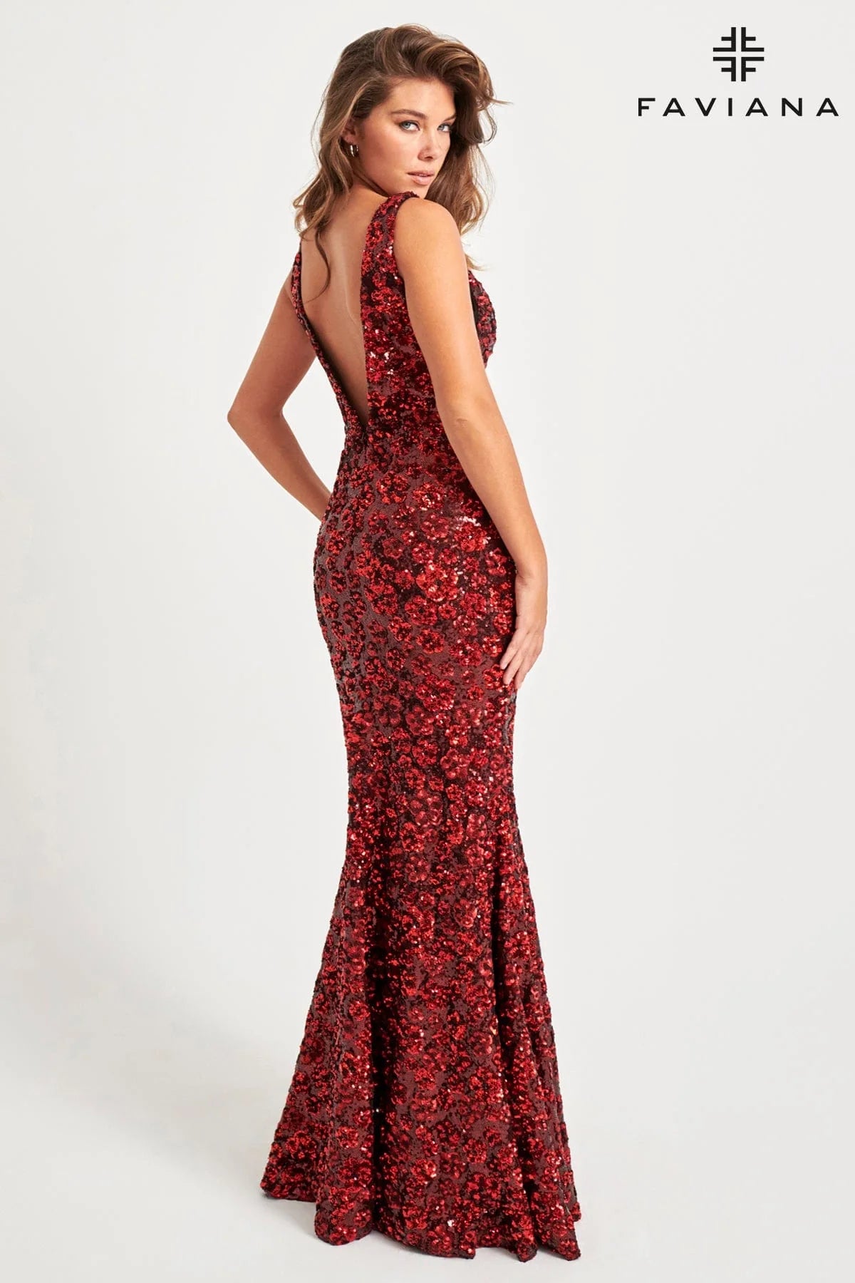 Red/Black Deep V-Neck Sequin Evening Dress With Floral Pattern | 11038