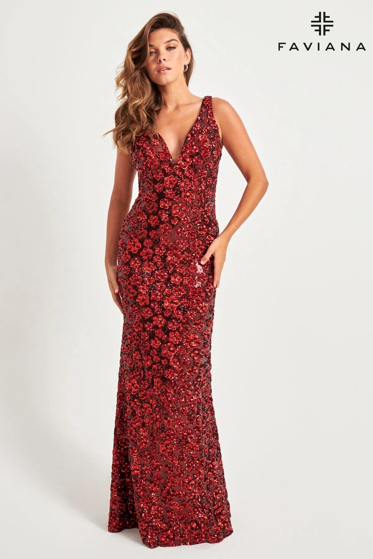 Red/Black Deep V-Neck Sequin Evening Dress With Floral Pattern | 11038