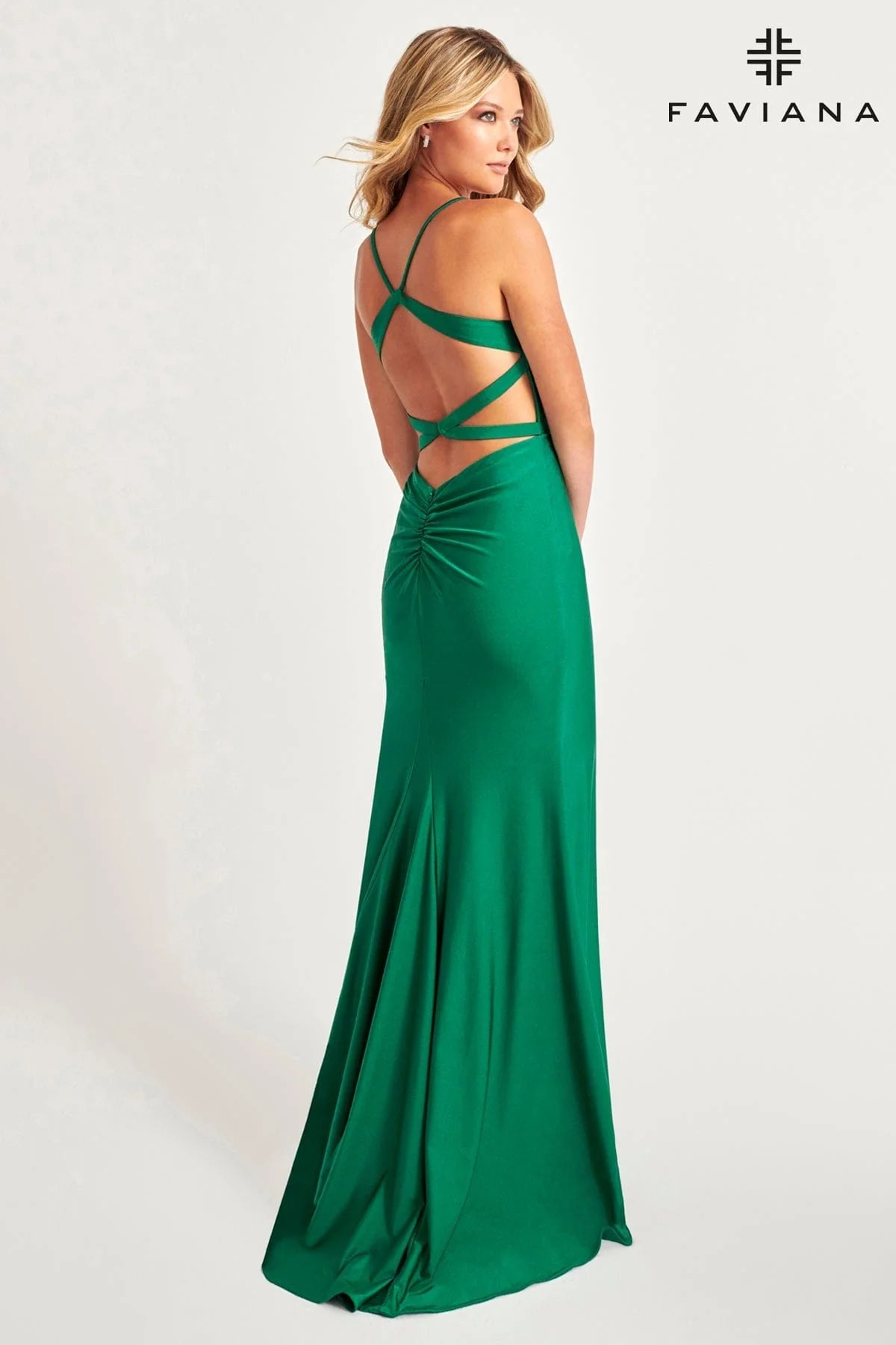 Dark Emerald Strappy Back Detail Formal Dress With Scoop Neck And Ruching