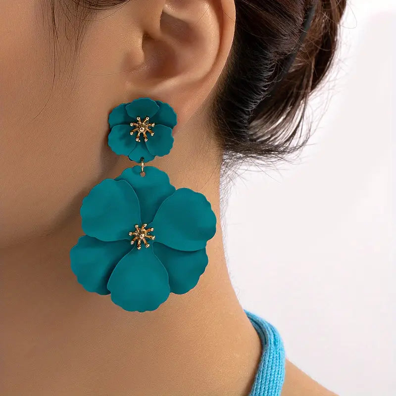 Teal Flower Dangle Earrings 