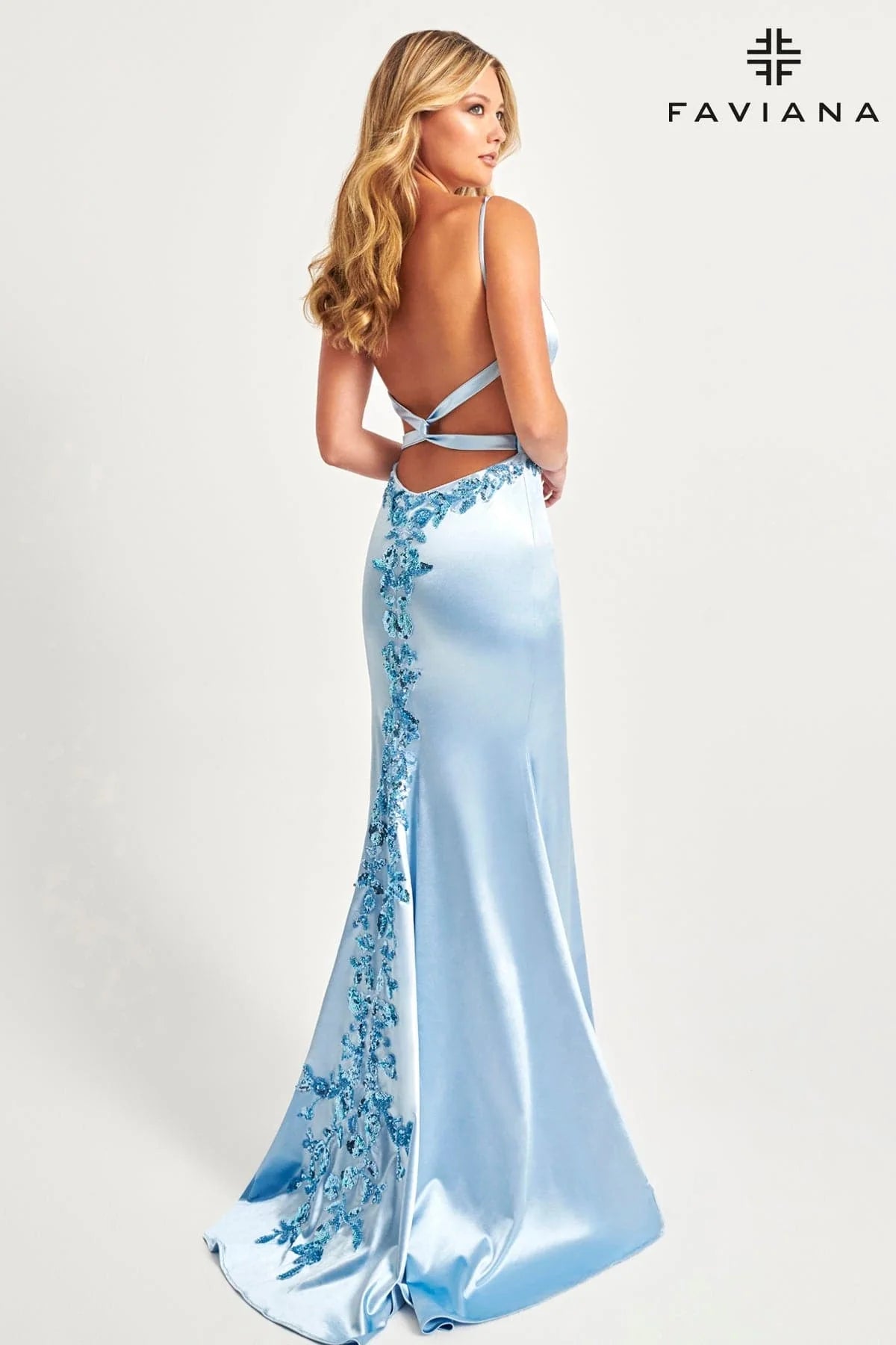 Ice Blue Satin V-Neck Long Dress With Cross-Back Detail And Beaded Appliqué
