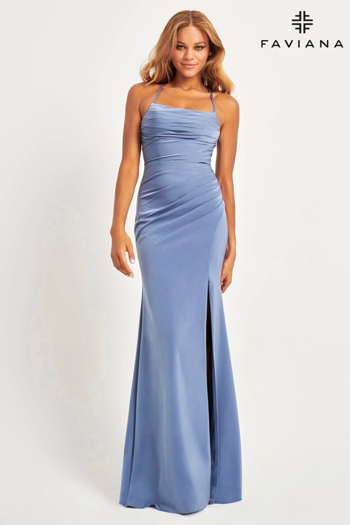 Slate Matte Satin Maxi Dress With Gathered Side And Lace-Up Back 