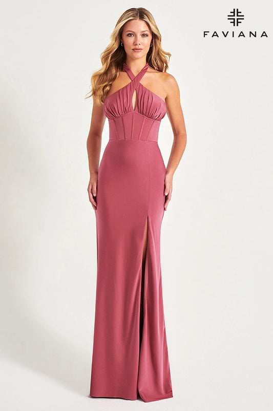 Rose Color Matte Satin Halter Neck Corset Dress 