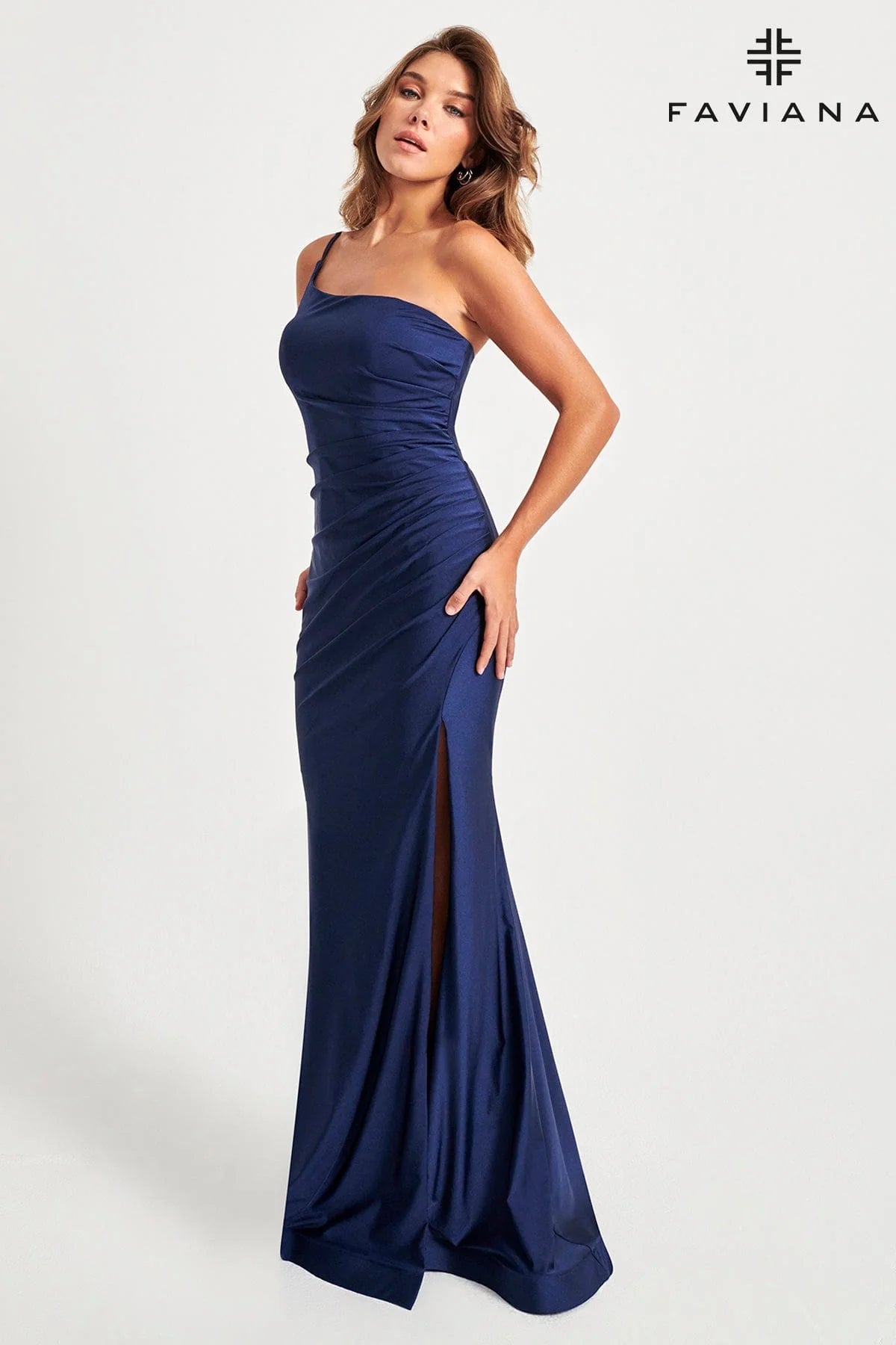 Navy One Shoulder Gown With Gathered Side Ruching
