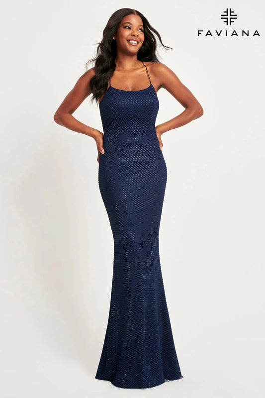 Navy Crystal Embellished Mesh Long Dress With Lace-Up Back