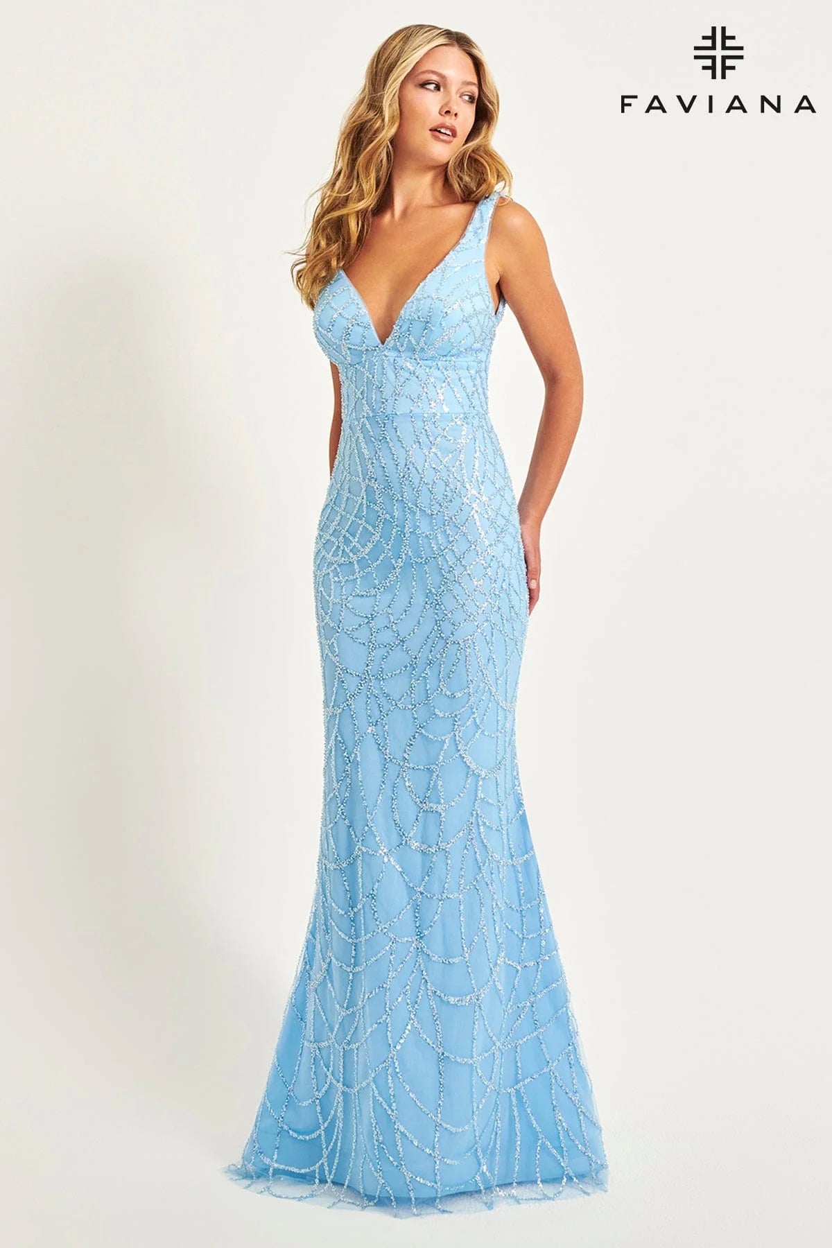 Light Blue V-Neck Beaded Tulle Applique Dress With Lace-Up Back