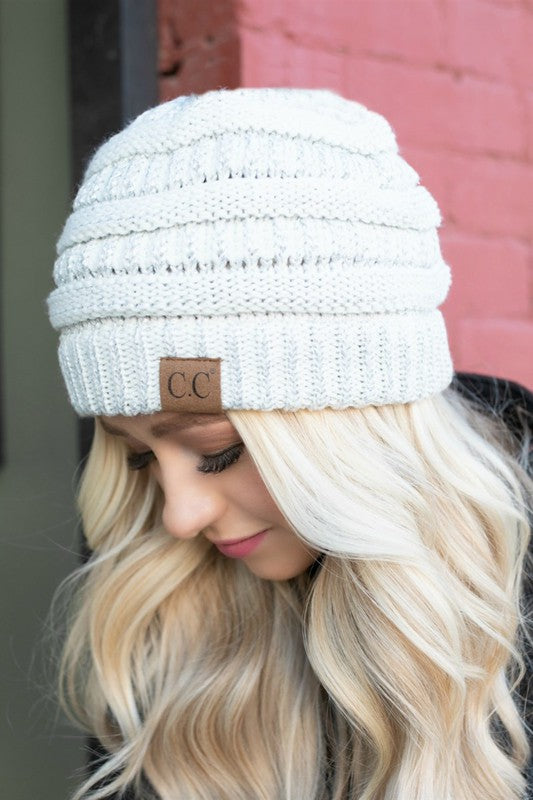 White CC Brand Woven Knit Beanie Hat