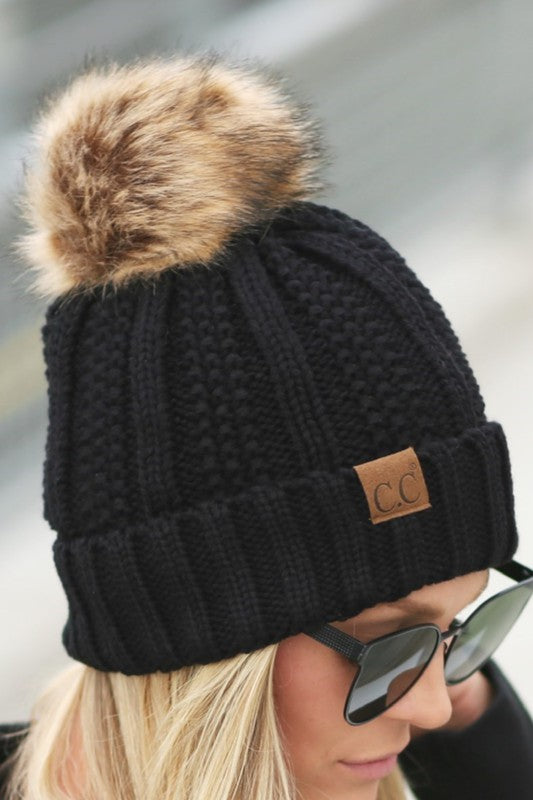 CC Brand Fleece Lined Pom Beanie Hat