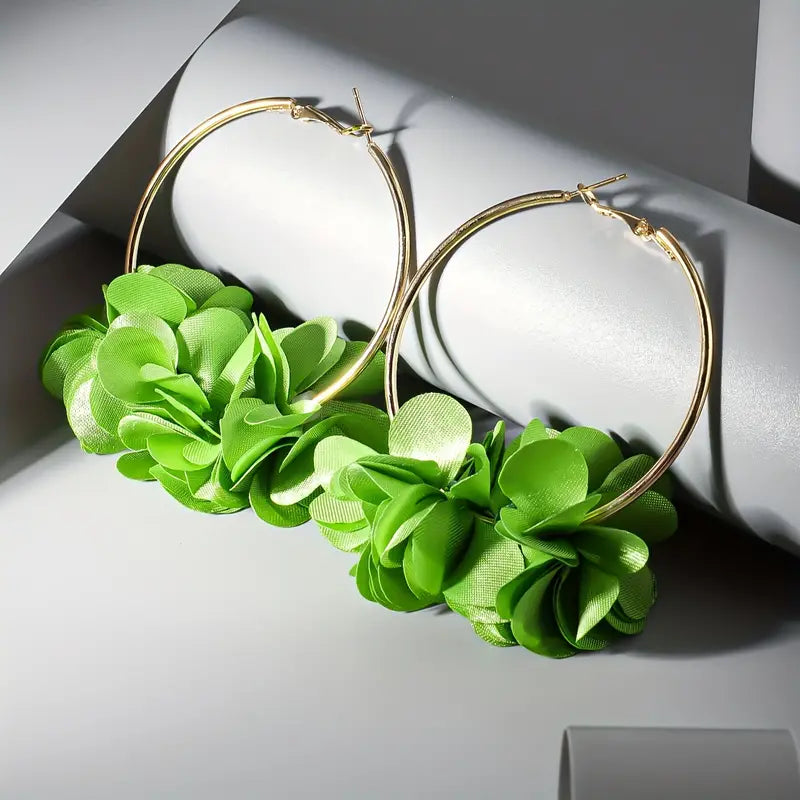 Gold Flower Hoop Earrings with Green Flowers 