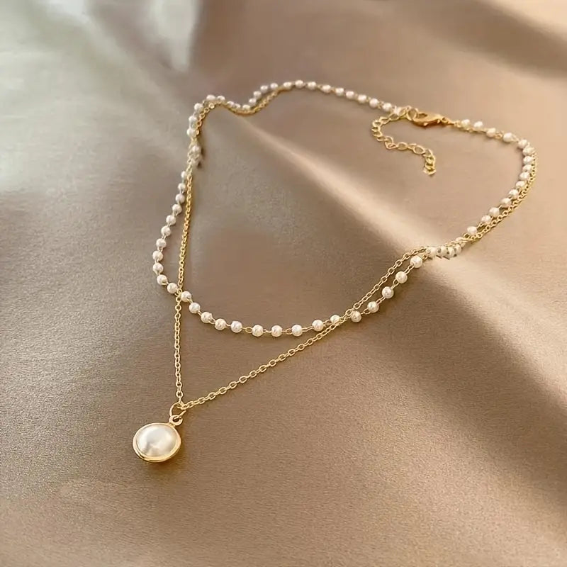 Gold Pendant Necklace Clavicle Chain With Trendy Design Of Faux Pearl And Double-Layer Chain