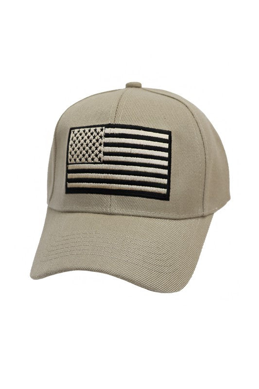 Khaki Monochromatic American Flag Embroidered Six Panel Velcro Back Acrylic Baseball Hat