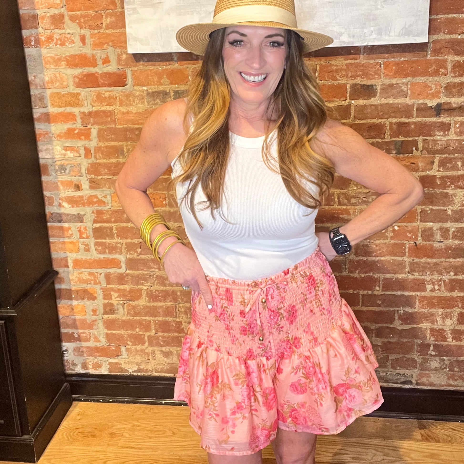 Pink Floral Print Smocked Shorts