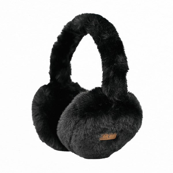 Black fur ear muffs on a white background
