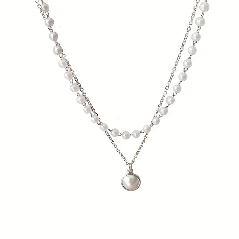 Silver Pendant Necklace Clavicle Chain With Trendy Design Of Faux Pearl And Double-Layer Chain
