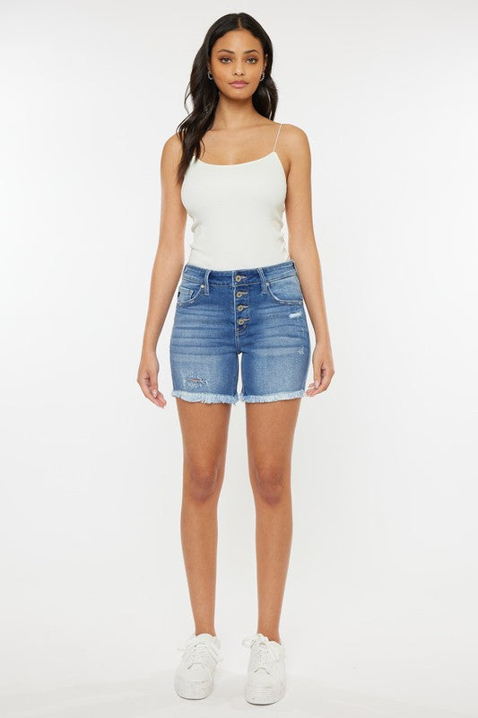 Kancan Mid Rise 5 Button Up Shorts with Frayed Hem