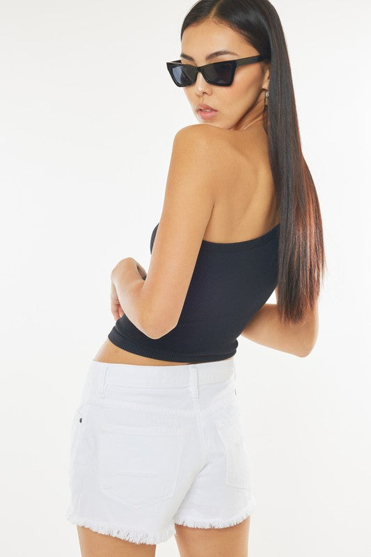 Kancan White High Rise Denim Shorts With Frayed Hem