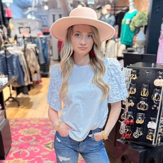 White Round Neck Cotton Puff Sleeve Top