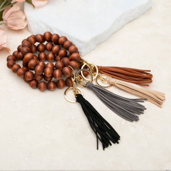 Wooden Key Ring Bracelets with Tassel and Removable Lobster Clasp Ring Elastic Cord