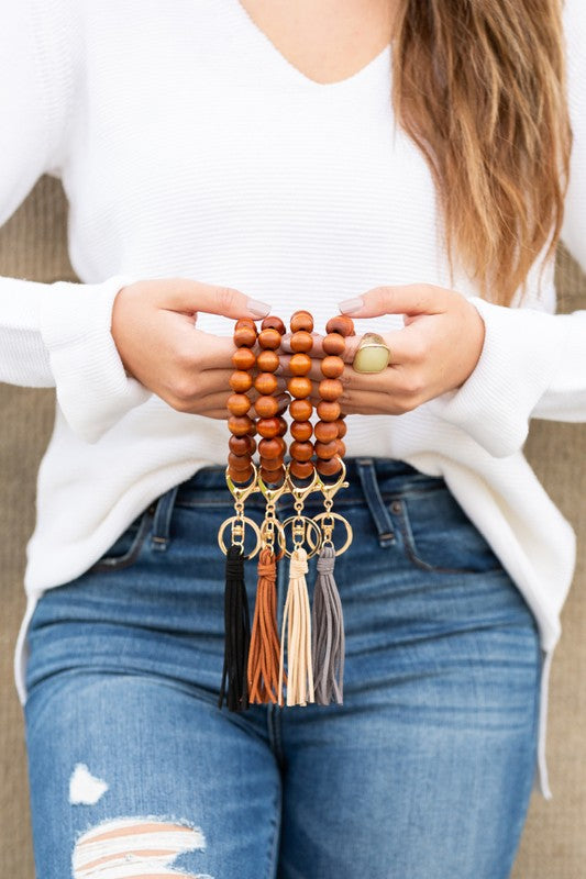 Wooden Key Ring Bracelets with Tassel and Removable Lobster Clasp Ring Elastic Cord