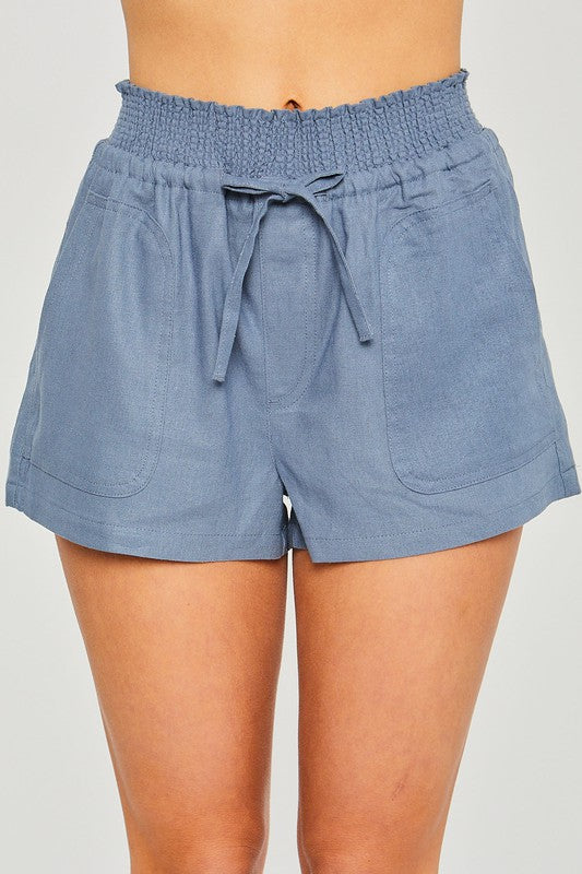Blue Linen Nylon Shorts with Smocked Waistline Drawstring Detail