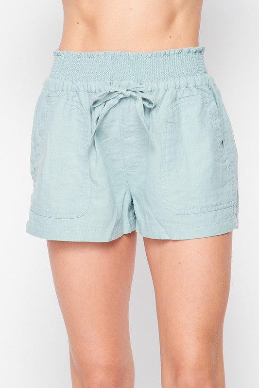 Light Blue Linen Nylon Shorts with Smocked Waistline Drawstring Detail