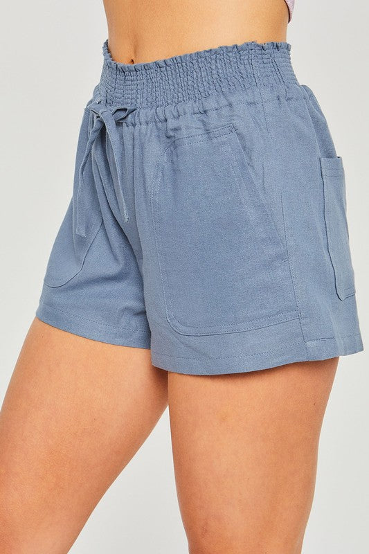 Blue Linen Nylon Shorts with Smocked Waistline Drawstring Detail