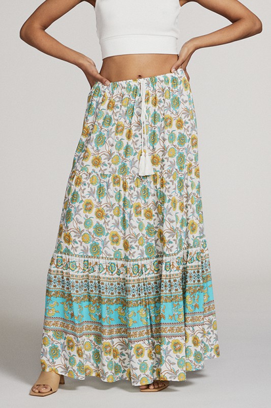 Green Multi Maxi Skirt with Tassels 