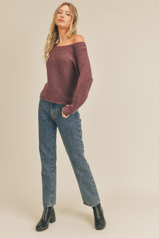 Mulberry Ribbed Knit Dolman Sleeve Sweater with Boat Neckline and Contrast Trim