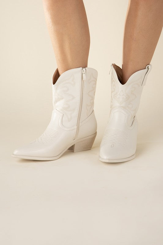 White Western Booties Tapered Toe and Block Heel