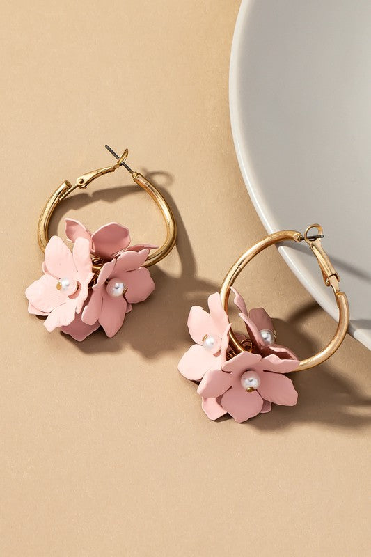 Coral Color Coated Flower Cluster Hoop Earrings. Made of Base Metal and Matte Gold Plated