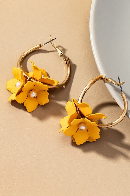 Mustard Color Coated Flower Cluster Hoop Earrings. Made of Base Metal and Matte Gold Plated