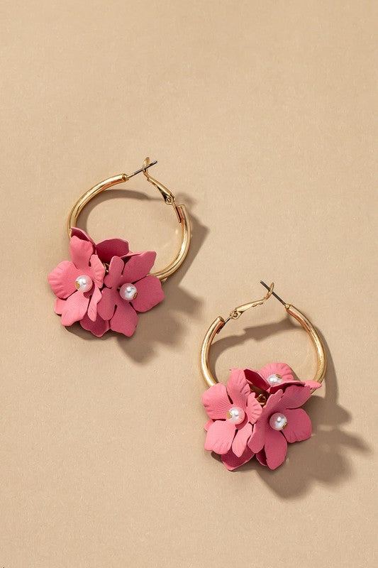 Pink Color Coated Flower Cluster Hoop Earrings. Made of Base Metal and Matte Gold Plated